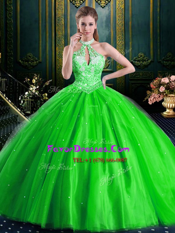 Lovely Halter Top Ball Gowns Beading Sweet 16 Quinceanera Dress Lace Up Tulle Sleeveless Floor Length