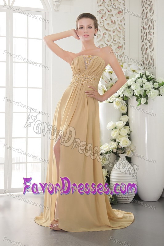 Strapless Ruched High Slit Special Gold Prom Nightclub Dress with Appliques
