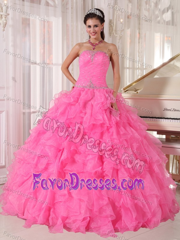 Stunning Hot Pink Ball Gown Strapless Beading Quince Dresses in Organza