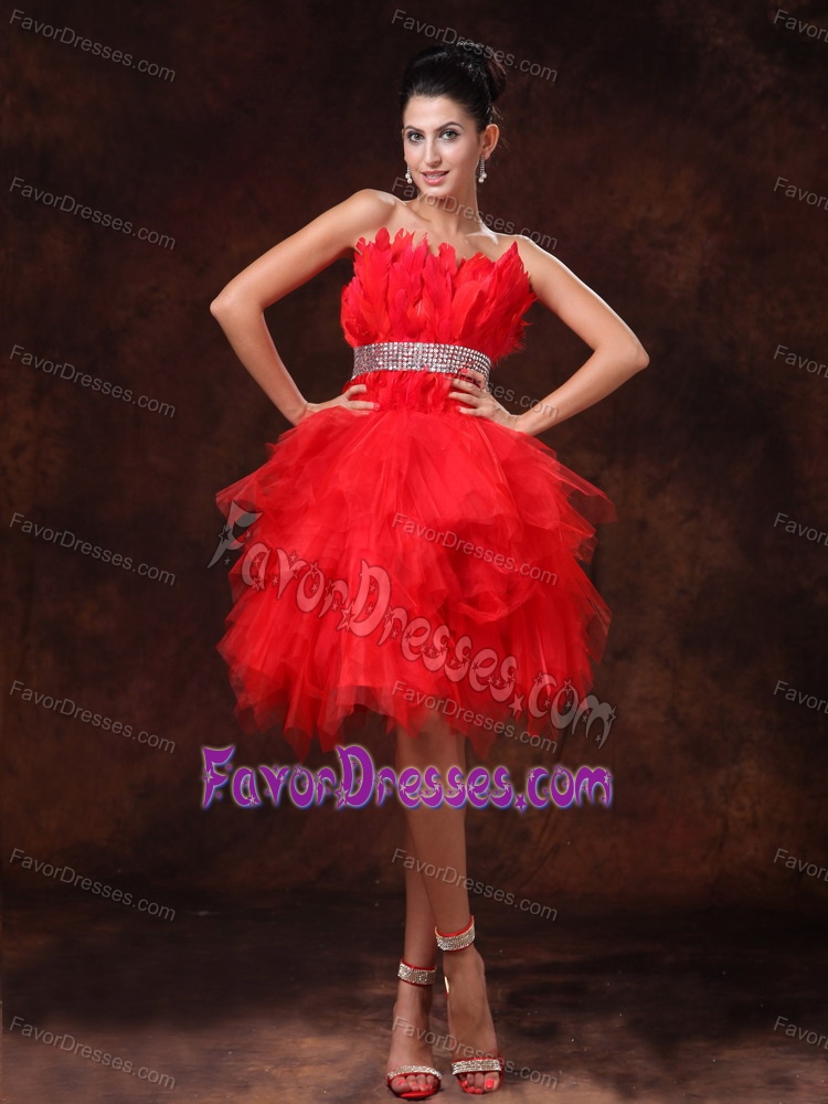 Unique Strapless Knee-length Red Organza Prom Dress with Beading and Ruffles