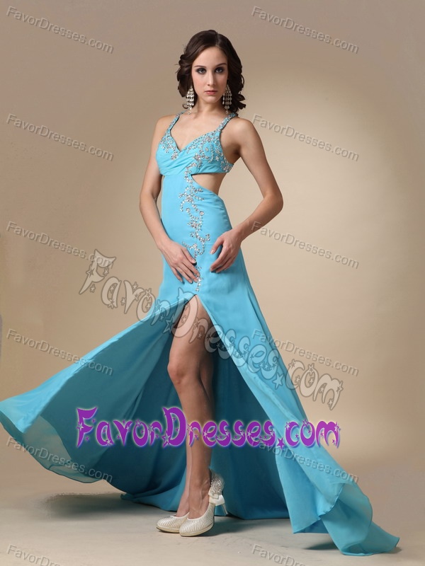 2013 Fabulous High Slit Prom Party Dress in Aqua Blue with Criss Cross Back