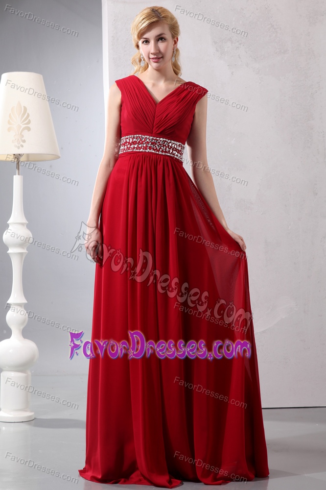 Wine Red V-neck Ruched and Beaded Beautiful Prom Evening Dress for Fall