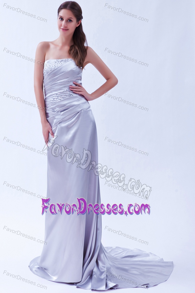 Popular Strapless Lace-up Beaded Lilac Prom Dress for Girls with Brush Train