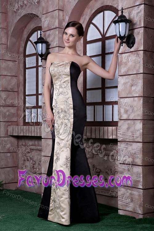 Popular Black and Champagne Satin Prom Evening Dresses with Embroidery