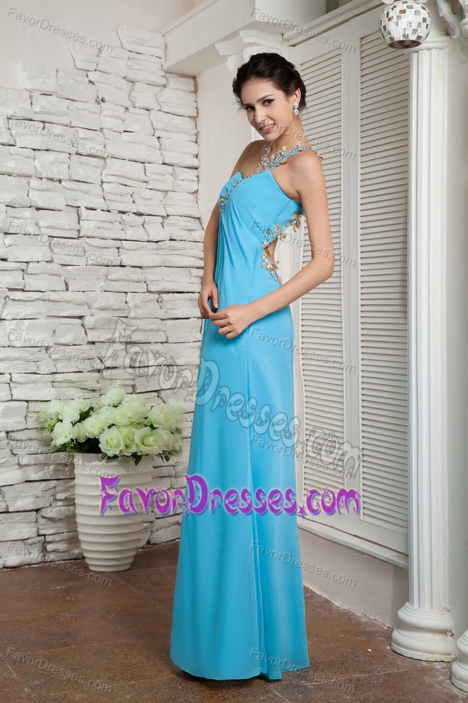 Pretty Aqua Blue Empire One Shoulder Chiffon Prom Dress with Appliques on Sale