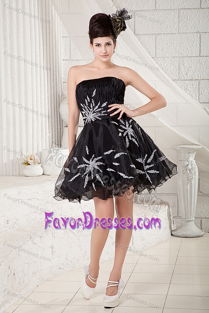 Cheap Black Strapless Organza Beaded Mini-length Prom Cocktail Dresses