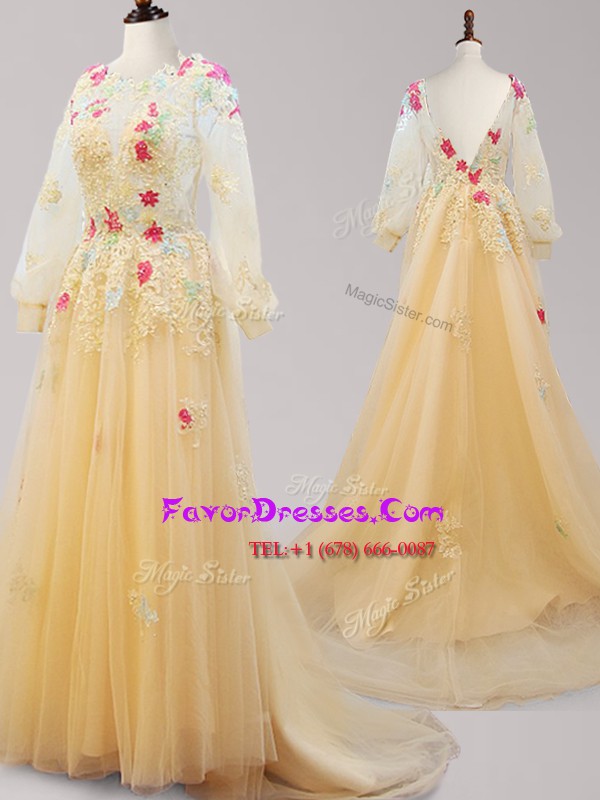  Gold Prom Evening Gown Prom and For with Appliques Scoop Long Sleeves Brush Train Backless