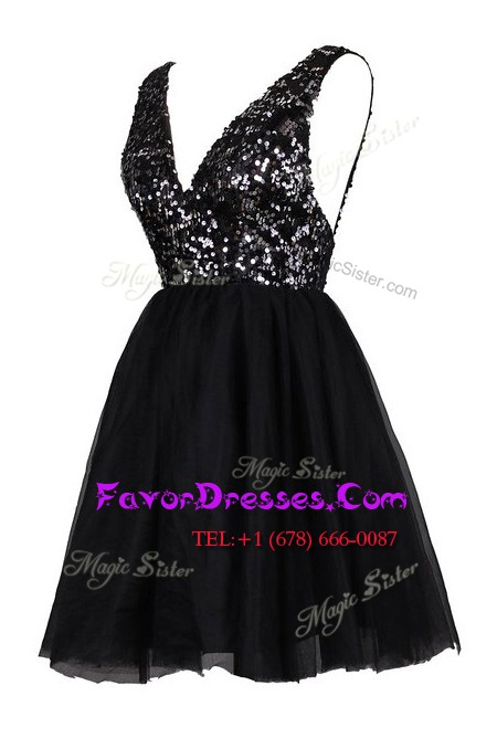  Black V-neck Backless Sequins Prom Dresses Sleeveless