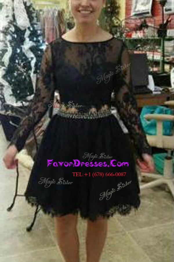 Sumptuous Scoop Black Backless Evening Dress Lace Long Sleeves Knee Length