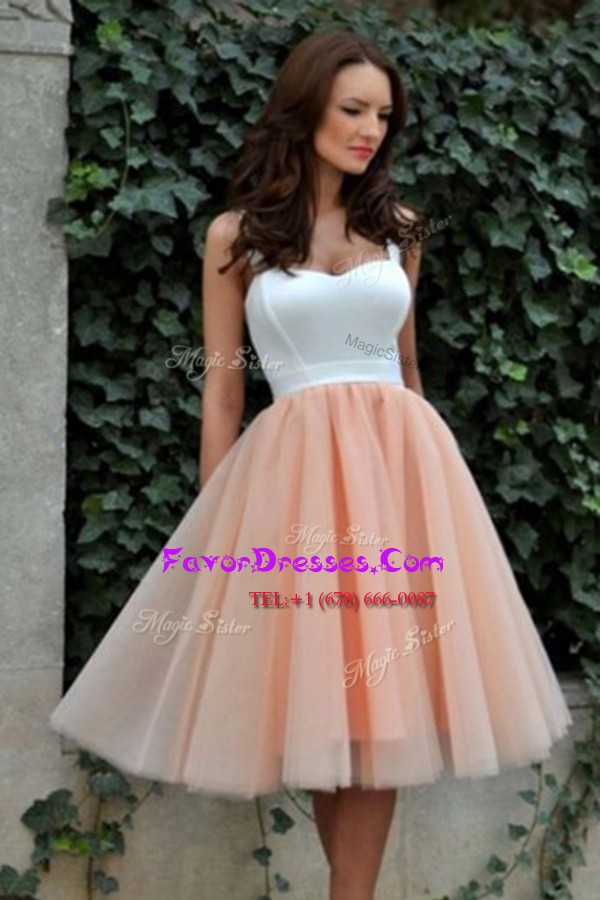  Knee Length Zipper Prom Gown Peach for Prom and Party with Ruching