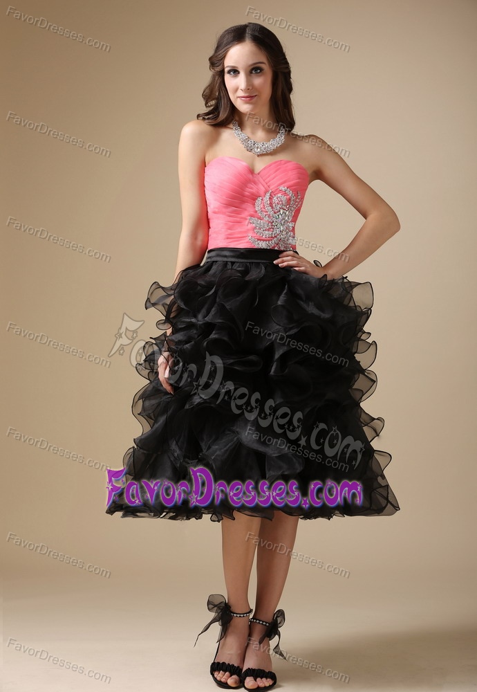 Inexpensive Red and Black Sweetheart Prom Dress for Women with Ruffles