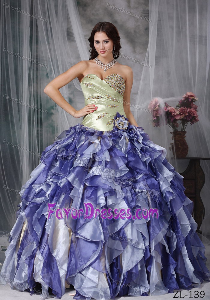 Colorful Sweetheart Taffeta and Organza Dress for Quince with Beading and Ruffles