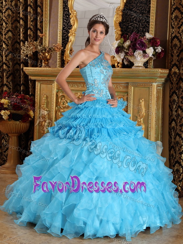 Aqua Blue One Shoulder Cheap Quince Dresses with Beading and Ruffles