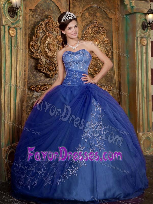 Discount Sweetheart Tulle Dresses for Quinceanera in Blue with Appliques