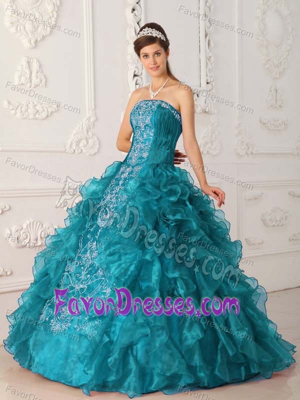 Cute Satin and Organza Embroidery Quince Dress in Turquoise with Ruffles