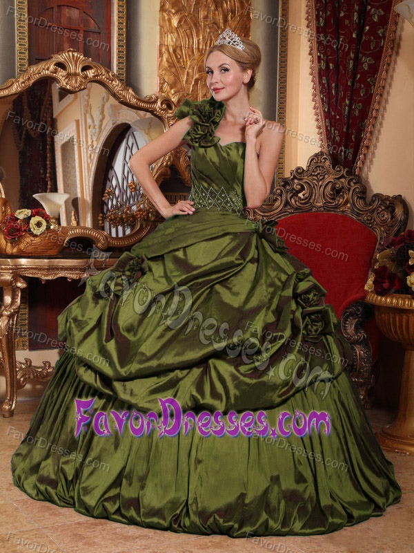 Affordable One Shoulder Beaded Taffeta Quinceanera Dress in Olive Green