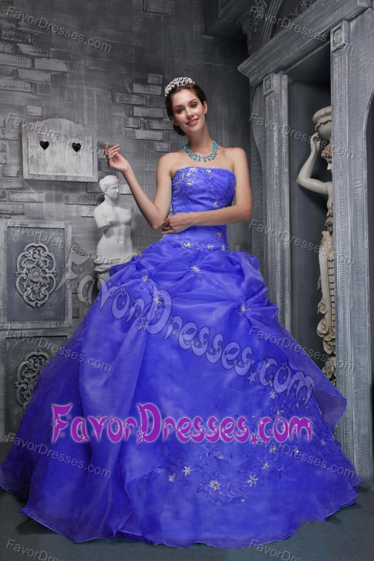 Purple Taffeta and Organza Strapless Quince Dress with Appliques on Sale