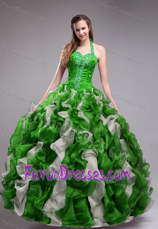 Ball Gown Halter Organza Quince Dress in White and Green with Ruffles