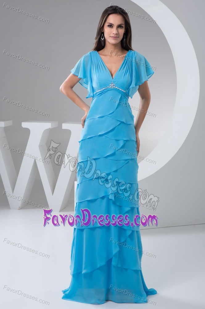 Popular Aqua Blue V-neck Ruffle-layers Mother Dresses with Gore Sleeve