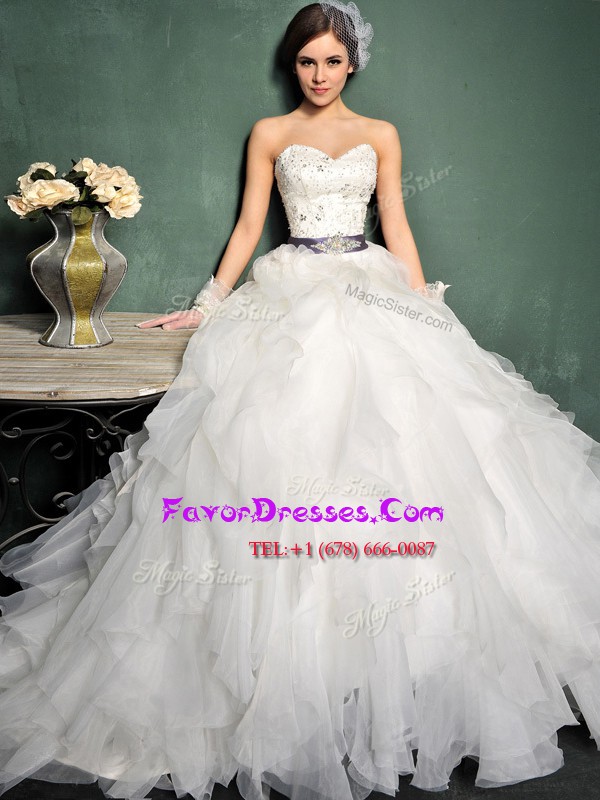 High Quality White Ball Gowns Sweetheart Sleeveless Organza Brush Train Lace Up Beading and Ruffles and Belt Bridal Gown