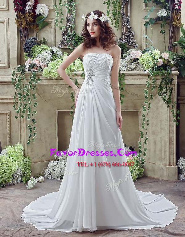 Flirting White Wedding Gowns Wedding Party and For with Beading and Appliques and Ruching Strapless Sleeveless Brush Train Lace Up