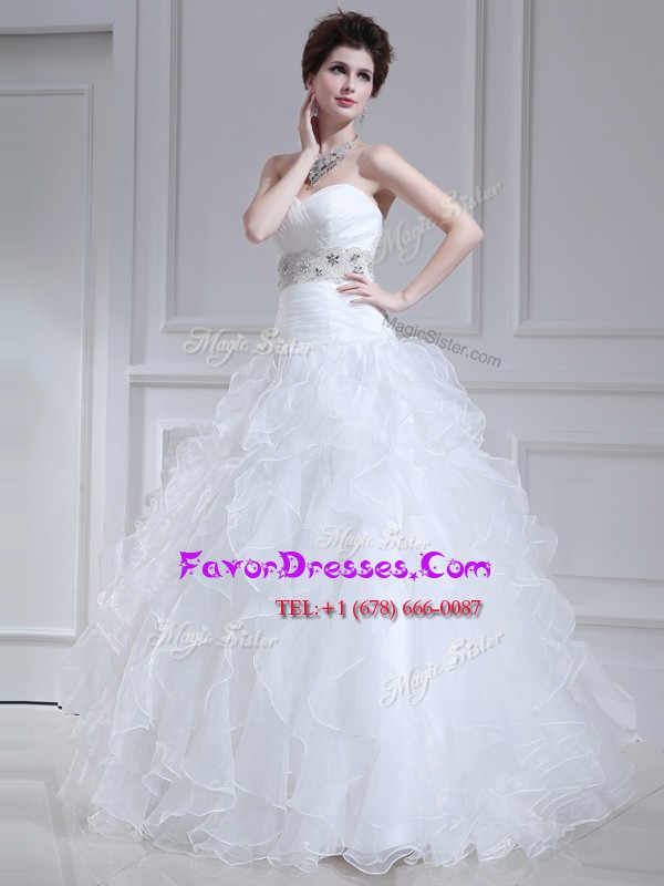  Floor Length Lace Up Wedding Dresses White for Wedding Party with Beading and Ruffles