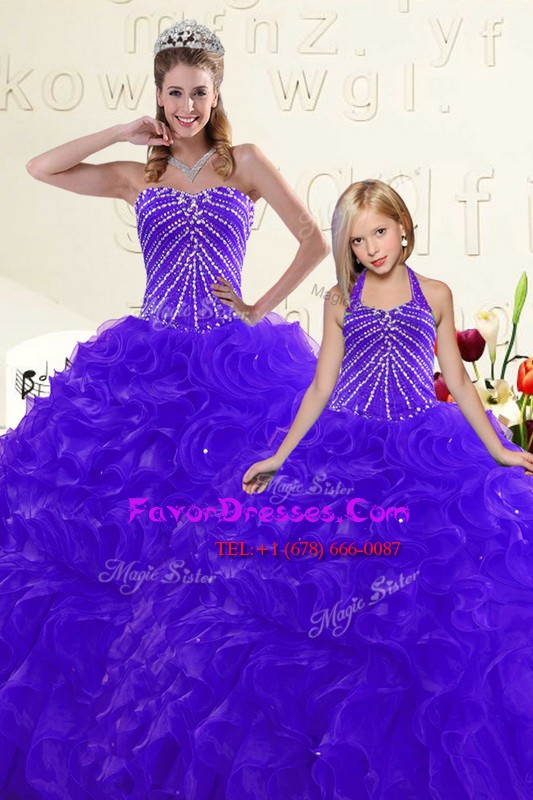  Floor Length Lace Up Quinceanera Dresses Blue and Purple for Military Ball and Sweet 16 and Quinceanera with Beading and Ruffles