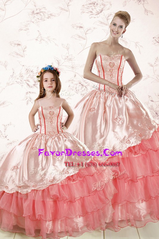 Modest Organza Sleeveless Floor Length Quince Ball Gowns and Embroidery and Ruffled Layers