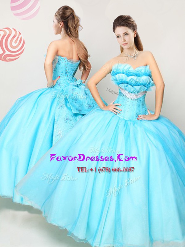  Sleeveless Tulle Floor Length Lace Up Quinceanera Dress in Aqua Blue with Appliques and Ruffles and Bowknot
