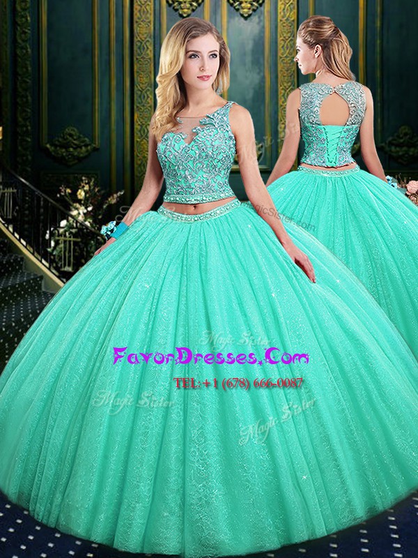  Scoop Tulle Sleeveless Floor Length Vestidos de Quinceanera and Lace and Appliques