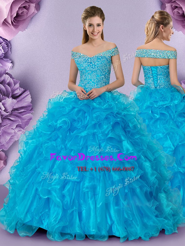 Glorious Baby Blue Organza Lace Up Off The Shoulder Sleeveless Floor Length Sweet 16 Quinceanera Dress Beading and Lace and Ruffles