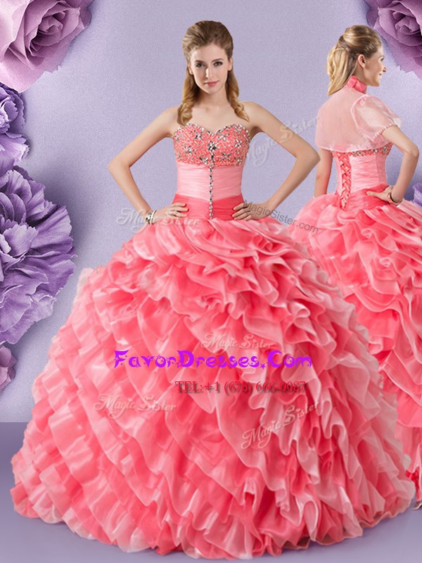 Cheap Watermelon Red Ball Gowns Lace Sweet 16 Dresses Lace Up Organza Sleeveless Floor Length