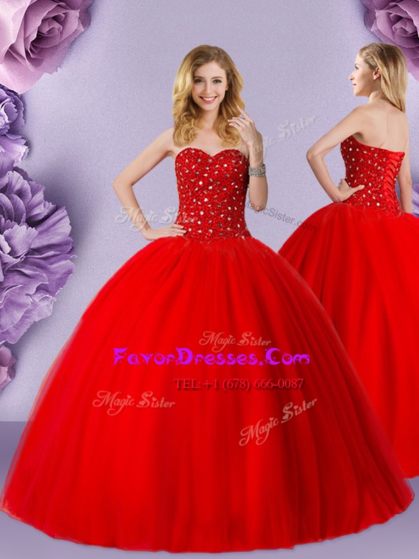  Sleeveless Tulle Floor Length Lace Up 15 Quinceanera Dress in Red with Beading
