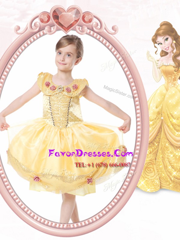 Excellent Scoop Gold Ball Gowns Beading and Hand Made Flower Toddler Flower Girl Dress Clasp Handle Organza Sleeveless Knee Length
