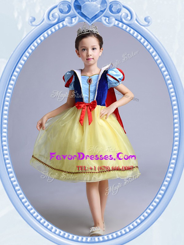  Square Yellow Short Sleeves Knee Length Bowknot Zipper Flower Girl Dress