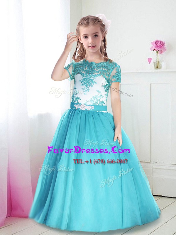 Nice Turquoise A-line Scoop Short Sleeves Tulle Floor Length Zipper Lace and Belt Flower Girl Dress
