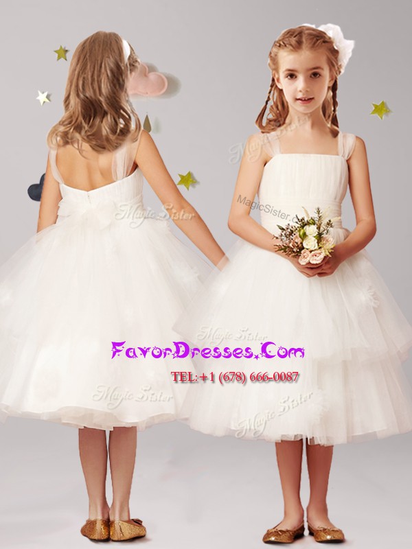  Straps White Sleeveless Tea Length Appliques and Ruffled Layers and Bowknot Zipper Flower Girl Dress