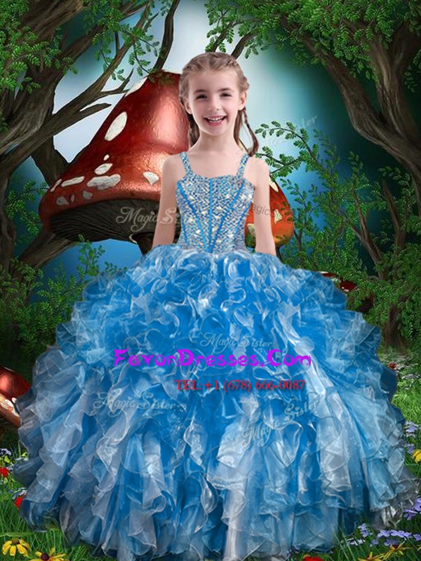  Organza Spaghetti Straps Sleeveless Lace Up Beading and Ruffles Winning Pageant Gowns in Blue