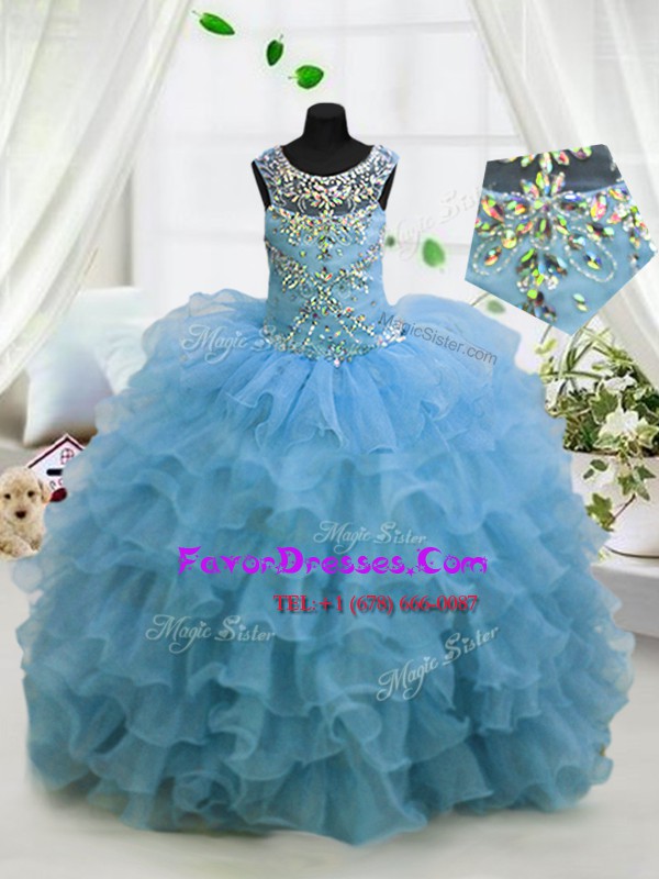 Enchanting Organza Scoop Sleeveless Lace Up Beading and Ruffled Layers Little Girls Pageant Dress Wholesale in Baby Blue