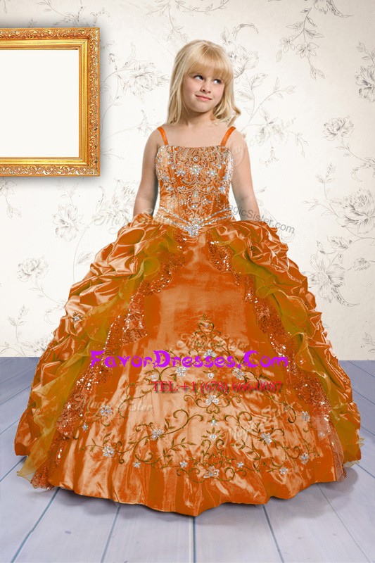  Orange Lace Up Kids Pageant Dress Beading and Appliques and Pick Ups Sleeveless Floor Length