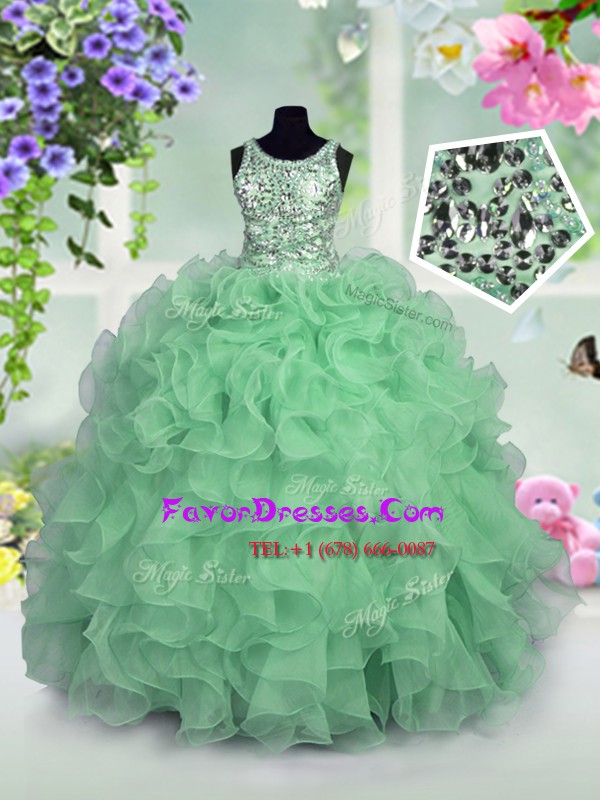  Scoop Sleeveless Little Girl Pageant Gowns Floor Length Ruffles and Sequins Apple Green Organza