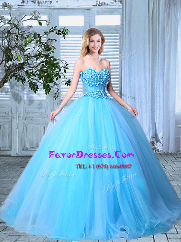 Elegant Baby Blue Lace Up Sweetheart Appliques Sweet 16 Dress Organza Sleeveless