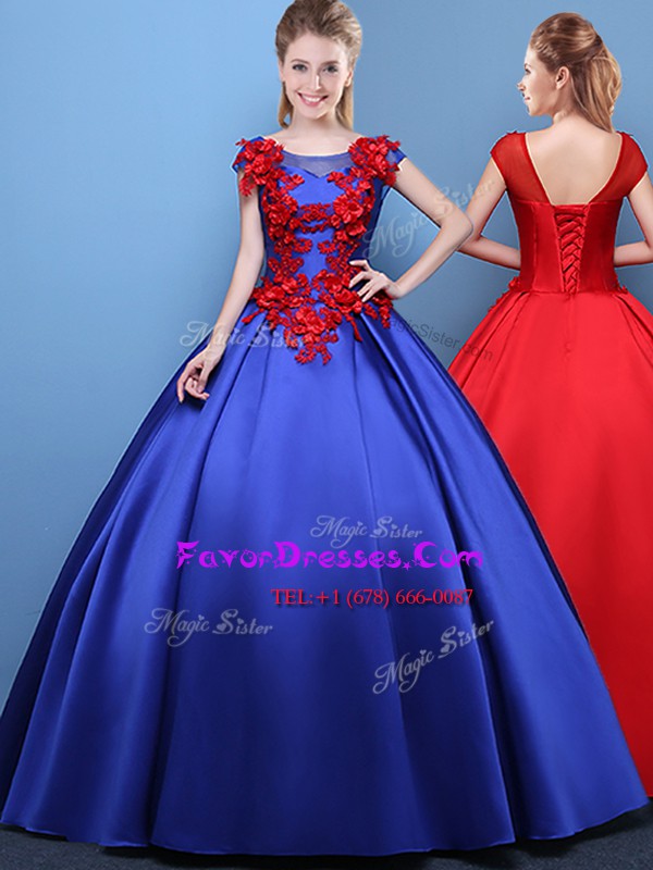 Fantastic Scoop Floor Length Royal Blue 15th Birthday Dress Satin Cap Sleeves Appliques