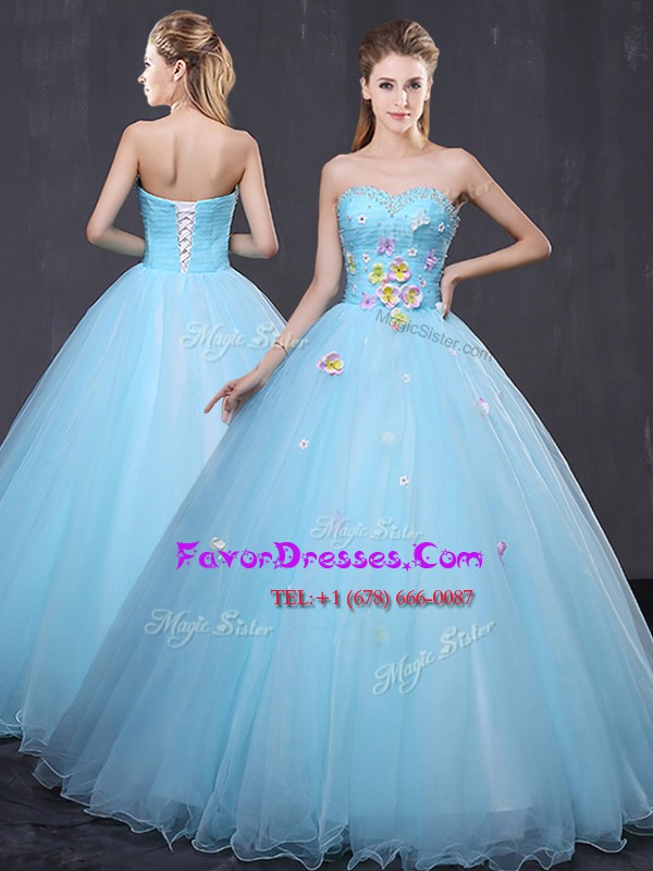  Sweetheart Sleeveless Quinceanera Gown Floor Length Beading and Appliques Light Blue Tulle