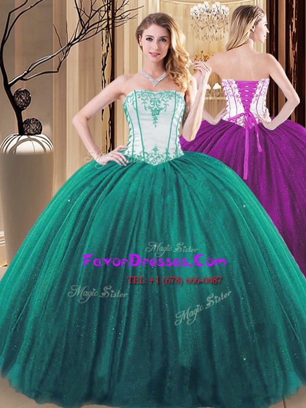  Green 15 Quinceanera Dress Military Ball and Sweet 16 and Quinceanera and For with Embroidery Strapless Sleeveless Lace Up