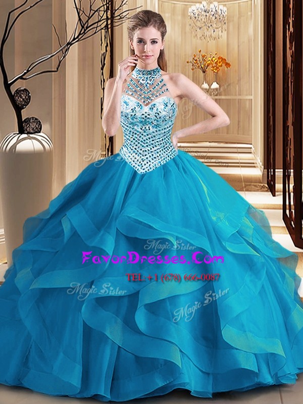 Enchanting Halter Top Sleeveless Tulle Sweet 16 Dress Beading and Ruffles Brush Train Lace Up