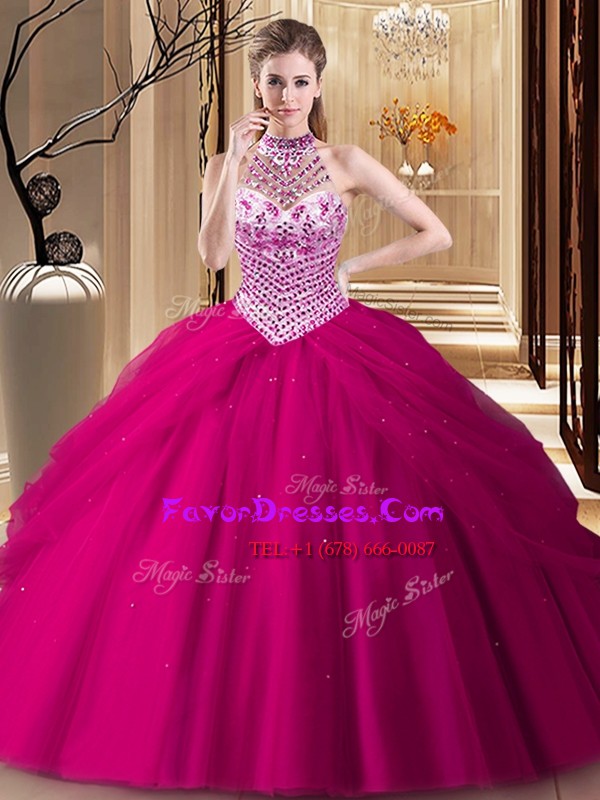  Halter Top Pick Ups With Train Ball Gowns Sleeveless Fuchsia Quinceanera Gown Brush Train Lace Up
