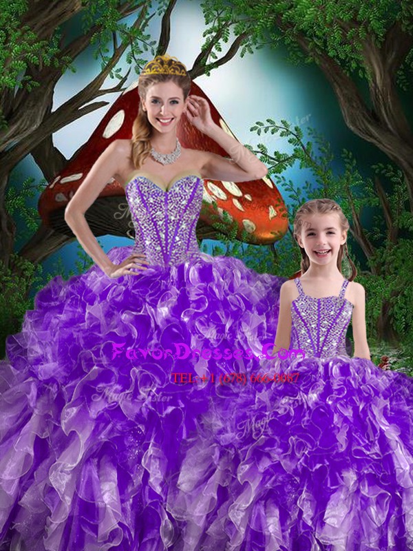 Dynamic Eggplant Purple Lace Up Sweetheart Beading and Ruffles Quinceanera Gown Organza Sleeveless