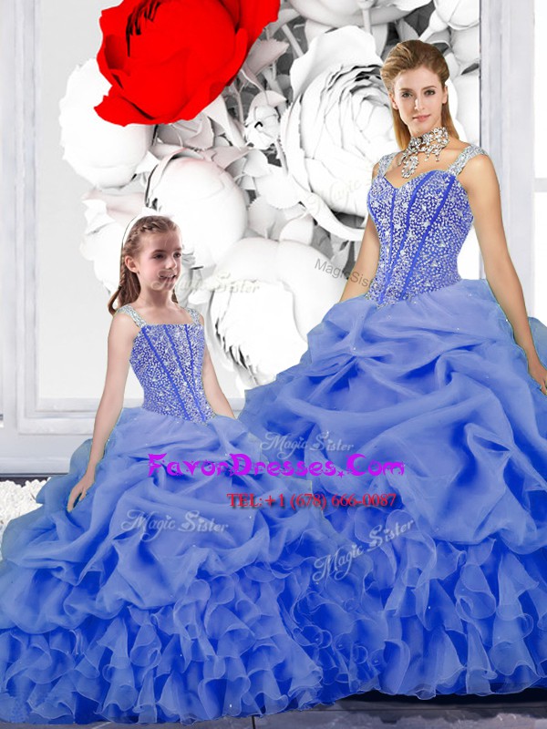  Blue Sweet 16 Dresses Military Ball and Sweet 16 and Quinceanera and For with Beading and Ruffles and Pick Ups Straps Sleeveless Lace Up