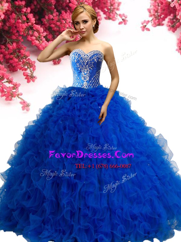 Lovely Royal Blue Quince Ball Gowns Military Ball and Sweet 16 and Quinceanera and For with Beading and Ruffles Sweetheart Sleeveless Lace Up